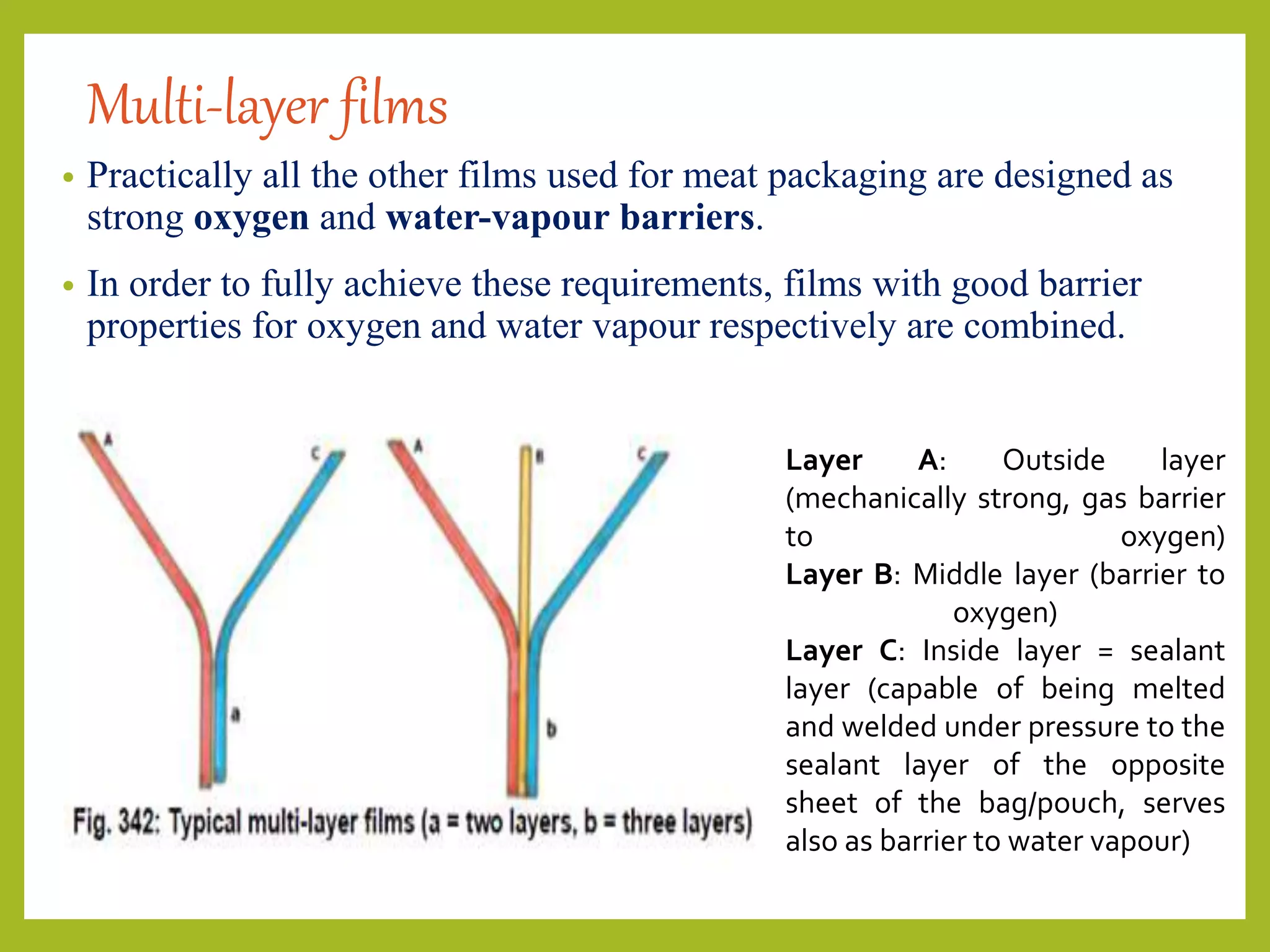 Multi-layer films
• Practically all the other films used for meat packaging are designed as
strong oxygen and water-vapour barriers.
• In order to fully achieve these requirements, films with good barrier
properties for oxygen and water vapour respectively are combined.
Layer A: Outside layer
(mechanically strong, gas barrier
to oxygen)
Layer B: Middle layer (barrier to
oxygen)
Layer C: Inside layer = sealant
layer (capable of being melted
and welded under pressure to the
sealant layer of the opposite
sheet of the bag/pouch, serves
also as barrier to water vapour)
 