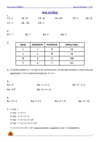 Ano Lectivo 2006/07 Área de Projecto – 7.º B
3
SOLUÇÕES
1.
1.1. 2 1.2. 81 1.3. 36 1.4. 261 1.5. 2 1.6. 25
1.7. 4 1.8. 128 1.9. 4
2.
2.1. 7 2.2. 7 2.3. 6 2.4. 6
3.
4. O número pedido é o 19, pois é um número primo, só tem dois divisores. A soma dos seu
algarismos é 10 e o resto da divisão por 5 é 4.
5.
5.1. 62
5.2. 4 + 2 × 2 5.3. 52
- 2 × 4
5.4. (23
)2
5.5. (2 + 2 × 3)2
6.
6.1. 22
= 4 6.2. 23
= 8 6.3. 24
= 16 6.4. 25
= 32
7. 1.º dia: 1
2.º dia: 1 × 3 = 3
3.º dia: 1 × 3 × 3 = 9
4.º dia: 1 × 3 × 3 × 3 = 27
5.º dia: 1 × 3 × 3 × 3 × 3 = 81
1 + 3 + 9 + 27 + 81 = 121 pessoas sabiam o segredo no dia 5 de Setembro.
BASE EXPOENTE POTÊNCIA RESULTADO
4 2 42
16
2 4 24
16
10 2 2
10 100
7 3 3
7 343
 