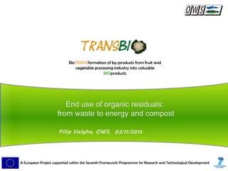 BioTRANSformation of by-products from fruit and
vegetable processing industry into valuable
BIOproducts
A European Project supported within the Seventh Framework Programme for Research and Technological Development
Filip Velghe, OWS, 03/11/2015
 