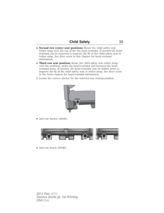 • Second row center seat positions: Route the child safety seat 
tether strap over the top of the the head restraint. If needed the head 
restraint can be removed to improve the fit of the child safety seat or 
tether strap. See Rear seats in this chapter for head restraint 
information. 
• Third row seat position: Route the child safety seat tether strap 
over the seatback, under the head restraint and between the head 
restraint posts. If needed, the head restraint may be folded down to 
improve the fit of the child safety seat or tether strap. See Rear seats 
in the Seats chapter for head restraint information. 
2. Locate the correct anchor for the selected rear seating position. 
• 2nd row bucket (40/40) 
• 2nd row bench (60/40) 
Child Safety 33 
2013 Flex (471) 
Owners Guide gf, 1st Printing 
USA (fus) 
 