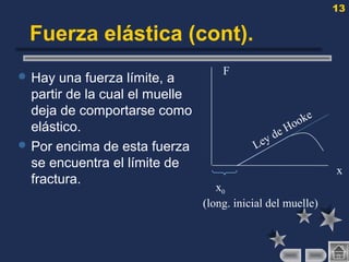 13
Fuerza elástica (cont).
 Hay una fuerza límite, a
partir de la cual el muelle
deja de comportarse como
elástico.
 Por encima de esta fuerza
se encuentra el límite de
fractura.
F
x
x0
(long. inicial del muelle)
Ley de Hooke
 