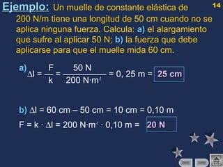 14
Ejemplo:Ejemplo: Un muelle de constante elástica de
200 N/m tiene una longitud de 50 cm cuando no se
aplica ninguna fuerza. Calcula: a)a) el alargamiento
que sufre al aplicar 50 N; b)b) la fuerza que debe
aplicarse para que el muelle mida 60 cm.
a) F 50 N
∆l = — = ————— = 0, 25 m = 25 cm25 cm
k 200 N·m-1
b)b) ∆l = 60 cm – 50 cm = 10 cm = 0,10 m
F = k · ∆l = 200 N·m-1
· 0,10 m = 20 N20 N
 