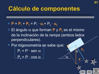21
Cálculo de componentes
 P = PT + PN = PT · uT + PN · uN
 El ángulo α que forman P y PN es el mismo
de la inclinación de la rampa (ambos lados
perpendiculares).
 Por trigonometría se sabe que:
PT = P · sen α
PN = P · cos α
P
PN
PT
α
α
 