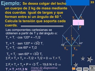 33
T1 T2
P
Ejemplo:Ejemplo: Se desea colgar del techo
un cuerpo de 2 kg de masa mediante
dos cuerdas igual de largas y que
forman entre sí un ángulo de 60 º.
Calcula la tensión que soporta cada
cuerda.
Las componentes cartesianas se
obtienen a partir de T y del ángulo α:
T1x = T1 · cos 120º = –T1/2
–
T1y = T1 · sen 120º = √3/2 T1
T2x = T2 · cos 60º = T2/2
–
T2y = T2 · sen 60º = √3/2 T2
Σ Fx= T1x+ T2x = –T1/2 + T2/2 = 0 ⇒ TT11 = T= T22
–
Σ Fy = T1y + T2y + P = √3 T1 – 19,6 N = 0 ⇒
T = T =11,3 N
P
T1x T2x
T1y T2y
60º
60º
(viene de diapositiva
 