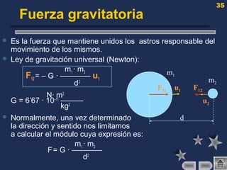 35
Fuerza gravitatoria
 Es la fuerza que mantiene unidos los astros responsable del
movimiento de los mismos.
 Ley de gravitación universal (Newton):
m1 · m2
F12= – G · ———— u1
d2
N· m2
G = 6’67 · 10–11
———
kg2
 Normalmente, una vez determinado
la dirección y sentido nos limitamos
a calcular el módulo cuya expresión es:
m1 · m2
F= G · ————
d2
d
u2
u1F21 F12
m1
m2
 