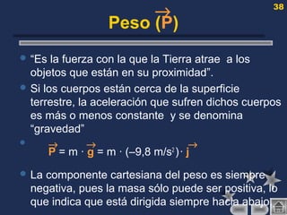 38
→
Peso (P)
 “Es la fuerza con la que la Tierra atrae a los
objetos que están en su proximidad”.
 Si los cuerpos están cerca de la superficie
terrestre, la aceleración que sufren dichos cuerpos
es más o menos constante y se denomina
“gravedad”
 → → →
P = m · g = m · (–9,8 m/s2
)· j
 La componente cartesiana del peso es siempre
negativa, pues la masa sólo puede ser positiva, lo
que indica que está dirigida siempre hacia abajo.
 