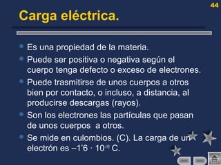 44
Carga eléctrica.
 Es una propiedad de la materia.
 Puede ser positiva o negativa según el
cuerpo tenga defecto o exceso de electrones.
 Puede trasmitirse de unos cuerpos a otros
bien por contacto, o incluso, a distancia, al
producirse descargas (rayos).
 Son los electrones las partículas que pasan
de unos cuerpos a otros.
 Se mide en culombios. (C). La carga de un
electrón es –1’6 · 10–19
C.
 