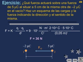 49
Ejercicio:Ejercicio: ¿Qué fuerza actuará sobre una fuerza
de 5 µC al situar a 5 cm de la misma otra de –2 µC
en el vacío? Haz un esquema de las cargas y la
fuerza indicando la dirección y el sentido de la
misma.
q1 · q2 N · m2
2·10–6
C · 5·10–6
C
F = K · ——— = 9 · 109
——— · —————————
d2
C2
(0,05 m)2
F = 36 NF = 36 N
–2 µC 5 µC
1 2
F12
 
