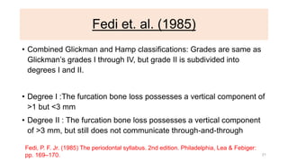 Fedi et. al. (1985)
• Combined Glickman and Hamp classifications: Grades are same as
Glickman’s grades I through IV, but grade II is subdivided into
degrees I and II.
• Degree I :The furcation bone loss possesses a vertical component of
>1 but <3 mm
• Degree II : The furcation bone loss possesses a vertical component
of >3 mm, but still does not communicate through-and-through
Fedi, P. F. Jr. (1985) The periodontal syllabus. 2nd edition. Philadelphia, Lea & Febiger:
pp. 169–170. 21
 