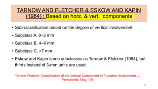 TARNOW AND FLETCHER & ESKOW AND KAPIN
(1984) : Based on horz. & vert. components
• Sub-classification based on the degree of vertical involvement
• Subclass A. 0–3 mm
• Subclass B. 4–6 mm
• Subclass C. >7 mm
• Eskow and Kapin same subclasses as Tarnow & Fletcher (1984), but
thirds instead of 3-mm units are used.
Tarnow, Fletcher. Classification of the Vertical Component of Furcation Involvement. J.
Periodontol. May, 198
22
 
