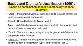 Easley and Drennan’s classification (1969) :
Based on combination of both & morphology of bone
deformity.
• Class I: Incipient involvement, fluting coronal to furcation entrance is
involved, no horizontal component.
• Class II : Divided further into Types 1 and 2
• Type 1: A definite horizontal loss of attachment into the furcation, but
pattern of bone loss remains horizontal.
• Type 2: There is a buccal or lingual bony ledge and a definite vertical
component to the furcation.
• Class III: Through-and-through loss of attachment into the furcation,
and the pattern is horizontal in Type 1 and vertical in Type 2. 23
 