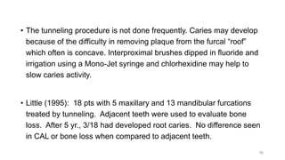 • The tunneling procedure is not done frequently. Caries may develop
because of the difficulty in removing plaque from the furcal “roof”
which often is concave. Interproximal brushes dipped in fluoride and
irrigation using a Mono-Jet syringe and chlorhexidine may help to
slow caries activity.
• Little (1995): 18 pts with 5 maxillary and 13 mandibular furcations
treated by tunneling. Adjacent teeth were used to evaluate bone
loss. After 5 yr., 3/18 had developed root caries. No difference seen
in CAL or bone loss when compared to adjacent teeth.
56
 