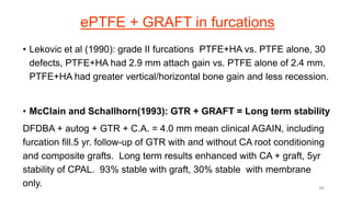 ePTFE + GRAFT in furcations
• Lekovic et al (1990): grade II furcations PTFE+HA vs. PTFE alone, 30
defects, PTFE+HA had 2.9 mm attach gain vs. PTFE alone of 2.4 mm.
PTFE+HA had greater vertical/horizontal bone gain and less recession.
• McClain and Schallhorn(1993): GTR + GRAFT = Long term stability
DFDBA + autog + GTR + C.A. = 4.0 mm mean clinical AGAIN, including
furcation fill.5 yr. follow-up of GTR with and without CA root conditioning
and composite grafts. Long term results enhanced with CA + graft, 5yr
stability of CPAL. 93% stable with graft, 30% stable with membrane
only. 64
 