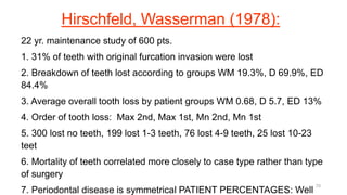 Hirschfeld, Wasserman (1978):
22 yr. maintenance study of 600 pts.
1. 31% of teeth with original furcation invasion were lost
2. Breakdown of teeth lost according to groups WM 19.3%, D 69.9%, ED
84.4%
3. Average overall tooth loss by patient groups WM 0.68, D 5.7, ED 13%
4. Order of tooth loss: Max 2nd, Max 1st, Mn 2nd, Mn 1st
5. 300 lost no teeth, 199 lost 1-3 teeth, 76 lost 4-9 teeth, 25 lost 10-23
teet
6. Mortality of teeth correlated more closely to case type rather than type
of surgery
7. Periodontal disease is symmetrical PATIENT PERCENTAGES: Well
70
 