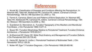 References
1. Novak MJ. Classification of Diseases and Conditions Affecting the Periodontium. In:
Newman MG, Takei HH, Klokkevold PR, Carranza FA, editors. Carranza‟s Clinical
Periodontology. 10th Ed. WB Saunders Co; 2009: p. 103.
2. Fermin A. Carranza. Bone Loss and Patterns of Bone Destruction. In: Newman MG,
Takei HH, Klokkevold PR, Carranza FA, editors. Carranza‟s Clinical Periodontology. 10th
Ed. Missouri: WB Saunders Co;2009: p. 462.
3. Svardstrom G, Wennstrom JL. Furcation Topography of the Maxillarv and Mandibular
First Molars. J Clin Periodontol 1988;15:271-5.
4. Bower RC. Furcation Morphology Relative to Periodontal Treatment: Furcation Entrance
Architecture. J Periodontol 1979;50:23-7.
5. Al-Shammari KF, Kazor CE. Molar Root Anatomy and Management of Furcation Defects.
J Clin Periodontol 2001;28:730-40.
6. Hamp SE, Nyman S, Lindhe J. Periodontal Treatment of Multirooted Teeth. J Clin
Periodontol 1975;2:126-35.
7. Muller HP, Eger T. Furcation Diagnosis. J Clin Periodontol 1999;26:485-98.
77
 