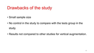 Drawbacks of the study
• Small sample size
• No control in the study to compare with the tests group in the
study.
• Results not compared to other studies for vertical augmentation.
80
 