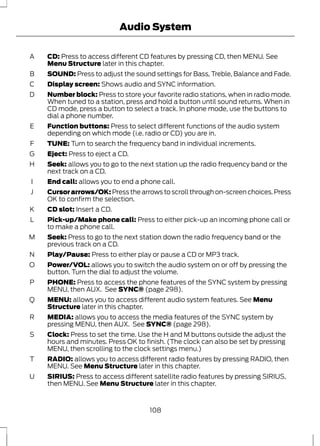 Audio System 
CD: Press to access different CD features by pressing CD, then MENU. See 
Menu Structure later in this chapter. 
A 
SOUND: Press to adjust the s B ound settings for Bass, Treble, Balance and Fade. 
C Display screen: Shows audio and SYNC information. 
Number block: Press to store your favorite radio stations, when in radio mode. 
When tuned to a station, press and hold a button until sound returns. When in 
CD mode, press a button to select a track. In phone mode, use the buttons to 
dial a phone number. 
D 
E 
F TUNE: Turn to search the frequency band in individual increments. 
G Eject: Press to eject a CD. 
Function buttons: Press to select different functions of the audio system 
depending on which mode (i.e. radio or CD) you are in. 
H 
I End call: allows you to end a phone call. 
Seek: allows you to go to the next station up the radio frequency band or the 
next track on a CD. 
J 
K CD slot: Insert a CD. 
Cursor arrows/OK: Press the arrows to scroll through on-screen choices. Press 
OK to confirm the selection. 
Pick-up/Make phone call: Press to either pick-up an incoming phone call or 
to make a phone call. 
L 
M 
N Play/Pause: Press to either play or pause a CD or MP3 track. 
Seek: Press to go to the next station down the radio frequency band or the 
previous track on a CD. 
Power/VOL: allows you to switch the audio system on or off by pressing the 
button. Turn the dial to adjust the volume. 
O 
PHONE: Press to access the phone features of the SYNC system by pressing 
MENU, then AUX. See SYNC® (page 298). 
P 
MENU: allows you to access different audio system features. See Menu 
Structure later in this chapter. 
Q 
MEDIA: allows you to access the media features of the SYNC system by 
pressing MENU, then AUX. See SYNC® (page 298). 
R 
Clock: Press to set the time. Use the H and M buttons outside the adjust the 
hours and minutes. Press OK to finish. (The clock can also be set by pressing 
MENU, then scrolling to the clock settings menu.) 
S 
RADIO: allows you to access different radio features by pressing RADIO, then 
MENU. See Menu Structure later in this chapter. 
T 
SIRIUS: Press to access different satellite radio features by pressing SIRIUS, 
then MENU. See Menu Structure later in this chapter. 
U 
108 
 