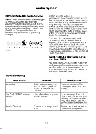 Audio System 
SIRIUS® Satellite Radio Service 
Note: SIRIUS reserves the unrestricted right 
to change, rearrange, add or delete 
programming including canceling, moving 
or adding particular channels, and its prices, 
at any time, with or without notice to you. 
Ford Motor Company shall not be 
responsible for any such programming 
changes. 
E142593 
SIRIUS satellite radio is a 
subscription-based satellite radio service 
that broadcasts a variety of music, sports, 
news, weather, traffic and entertainment 
programming. Your factory-installed 
SIRIUS satellite radio system includes 
hardware and a limited subscription term 
which begins on the date of sale or lease 
of the vehicle. Refer to your authorized 
dealer for availability. 
For more information on extended 
subscription terms (a service fee is 
required), the online media player and a 
complete list of SIRIUS satellite radio 
channels, and other features, please visit 
www.siriusxm.com in the United States, 
www.sirius.ca in Canada, or call SIRIUS at 
1-888-539-7474. 
Satellite Radio Electronic Serial 
Number (ESN) 
You need your ESN to activate, modify or 
track your satellite radio account. When in 
satellite radio mode, you can view this 
number by pressing SIRIUS and memory 
preset 1 at the same time. 
Troubleshooting 
Radio Display Condition Possible Action 
No action required. This 
message should disappear 
shortly. 
Radio requires more than 
two seconds to produce 
audio for the selected 
channel. 
Acquiring 
If this message does not 
clear shortly, or with an igni-tion 
key cycle, your receiver 
may have a fault. See your 
authorized dealer for service. 
Internal module or system 
failure present. 
Sat Fault/SIRIUS system 
failure 
Tune to another channel or 
choose another preset. 
Channel is no longer avail-able. 
Invalid Channel 
116 
 