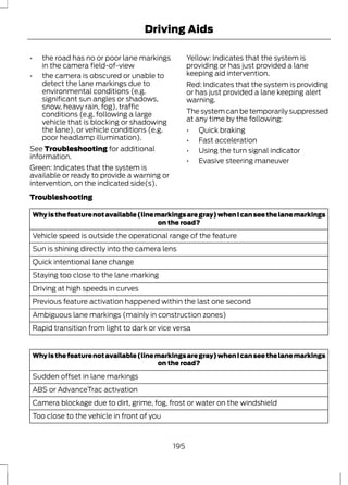 Driving Aids 
• the road has no or poor lane markings 
in the camera field-of-view 
• the camera is obscured or unable to 
detect the lane markings due to 
environmental conditions (e.g. 
significant sun angles or shadows, 
snow, heavy rain, fog), traffic 
conditions (e.g. following a large 
vehicle that is blocking or shadowing 
the lane), or vehicle conditions (e.g. 
poor headlamp illumination). 
See Troubleshooting for additional 
information. 
Green: Indicates that the system is 
available or ready to provide a warning or 
intervention, on the indicated side(s). 
Yellow: Indicates that the system is 
providing or has just provided a lane 
keeping aid intervention. 
Red: Indicates that the system is providing 
or has just provided a lane keeping alert 
warning. 
The system can be temporarily suppressed 
at any time by the following: 
• Quick braking 
• Fast acceleration 
• Using the turn signal indicator 
• Evasive steering maneuver 
Troubleshooting 
Why is the feature not available (line markings are gray) when I can see the lane markings 
on the road? 
Vehicle speed is outside the operational range of the feature 
Sun is shining directly into the camera lens 
Quick intentional lane change 
Staying too close to the lane marking 
Driving at high speeds in curves 
Previous feature activation happened within the last one second 
Ambiguous lane markings (mainly in construction zones) 
Rapid transition from light to dark or vice versa 
Why is the feature not available (line markings are gray) when I can see the lane markings 
on the road? 
Sudden offset in lane markings 
ABS or AdvanceTrac activation 
Camera blockage due to dirt, grime, fog, frost or water on the windshield 
Too close to the vehicle in front of you 
195 
 