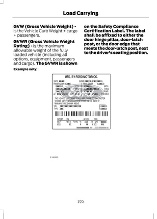 Load Carrying 
GVW (Gross Vehicle Weight) - 
is the Vehicle Curb Weight + cargo 
+ passengers. 
GVWR (Gross Vehicle Weight 
Rating) - is the maximum 
allowable weight of the fully 
loaded vehicle (including all 
options, equipment, passengers 
and cargo). The GVWR is shown 
on the Safety Compliance 
Certification Label. The label 
shall be affixed to either the 
door hinge pillar, door-latch 
post, or the door edge that 
meets the door-latch post, next 
to the driver's seating position. 
Example only: 
E142523 
205 
 