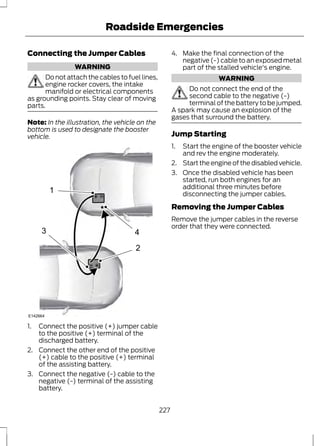 Roadside Emergencies 
Connecting the Jumper Cables 
WARNING 
Do not attach the cables to fuel lines, 
engine rocker covers, the intake 
manifold or electrical components 
as grounding points. Stay clear of moving 
parts. 
Note: In the illustration, the vehicle on the 
bottom is used to designate the booster 
vehicle. 
4 
2 
1 
3 
E142664 
1. Connect the positive (+) jumper cable 
to the positive (+) terminal of the 
discharged battery. 
2. Connect the other end of the positive 
(+) cable to the positive (+) terminal 
of the assisting battery. 
3. Connect the negative (-) cable to the 
negative (-) terminal of the assisting 
battery. 
4. Make the final connection of the 
negative (-) cable to an exposed metal 
part of the stalled vehicle's engine. 
WARNING 
Do not connect the end of the 
second cable to the negative (-) 
terminal of the battery to be jumped. 
A spark may cause an explosion of the 
gases that surround the battery. 
Jump Starting 
1. Start the engine of the booster vehicle 
and rev the engine moderately. 
2. Start the engine of the disabled vehicle. 
3. Once the disabled vehicle has been 
started, run both engines for an 
additional three minutes before 
disconnecting the jumper cables. 
Removing the Jumper Cables 
Remove the jumper cables in the reverse 
order that they were connected. 
227 
 
