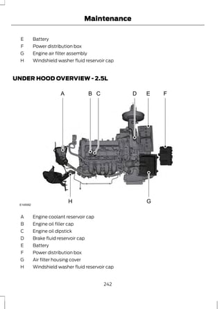 Maintenance 
E Battery 
F Power distribution box 
G Engine air filter assembly 
H Windshield washer fluid reservoir cap 
UNDER HOOD OVERVIEW - 2.5L 
E145592 
A B C D E F 
H G 
A Engine coolant reservoir cap 
B Engine oil filler cap 
C Engine oil dipstick 
D Brake fluid reservoir cap 
E Battery 
F Power distribution box 
G Air filter housing cover 
H Windshield washer fluid reservoir cap 
242 
 
