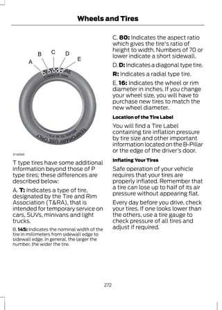 A 
B C D 
Wheels and Tires 
E 
E142545 
T type tires have some additional 
information beyond those of P 
type tires; these differences are 
described below: 
A. T: Indicates a type of tire, 
designated by the Tire and Rim 
Association (T&RA), that is 
intended for temporary service on 
cars, SUVs, minivans and light 
trucks. 
B. 145: Indicates the nominal width of the 
tire in millimeters from sidewall edge to 
sidewall edge. In general, the larger the 
number, the wider the tire. 
C. 80: Indicates the aspect ratio 
which gives the tire's ratio of 
height to width. Numbers of 70 or 
lower indicate a short sidewall. 
D. D: Indicates a diagonal type tire. 
R: Indicates a radial type tire. 
E. 16: Indicates the wheel or rim 
diameter in inches. If you change 
your wheel size, you will have to 
purchase new tires to match the 
new wheel diameter. 
Location of the Tire Label 
You will find a Tire Label 
containing tire inflation pressure 
by tire size and other important 
information located on the B-Pillar 
or the edge of the driver’s door. 
Inflating Your Tires 
Safe operation of your vehicle 
requires that your tires are 
properly inflated. Remember that 
a tire can lose up to half of its air 
pressure without appearing flat. 
Every day before you drive, check 
your tires. If one looks lower than 
the others, use a tire gauge to 
check pressure of all tires and 
adjust if required. 
272 
 