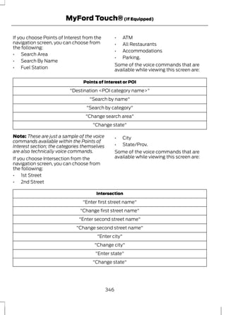 MyFord Touch® (If Equipped) 
If you choose Points of Interest from the 
navigation screen, you can choose from 
the following: 
• Search Area 
• Search By Name 
• Fuel Station 
• ATM 
• All Restaurants 
• Accommodations 
• Parking. 
Some of the voice commands that are 
available while viewing this screen are: 
Points of Interest or POI 
"Destination <POI category name>" 
"Search by name" 
"Search by category" 
"Change search area" 
"Change state" 
Note: These are just a sample of the voice 
commands available within the Points of 
Interest section; the categories themselves 
are also technically voice commands. 
If you choose Intersection from the 
navigation screen, you can choose from 
the following: 
• 1st Street 
• 2nd Street 
• City 
• State/Prov. 
Some of the voice commands that are 
available while viewing this screen are: 
Intersection 
"Enter first street name" 
"Change first street name" 
"Enter second street name" 
"Change second street name" 
"Enter city" 
"Change city" 
"Enter state" 
"Change state" 
346 
 
