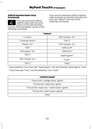 MyFord Touch® (If Equipped) 
SIRIUS Satellite Radio Voice 
Commands 
E142599 
If you are listening to SIRIUS 
satellite radio, press the voice 
button on the steering wheel 
controls. When prompted, say any of the 
following commands. 
If you are not listening to SIRIUS satellite 
radio, press the voice button and, after the 
tone, say "SIRIUS", then any of the 
following commands. 
"SIRIUS" 
"<0-223>" "SAT 2 preset <#>" 
"<Channel name>" "SAT 3" 
"Preset <#>" "SAT 3 preset <#>" 
"SAT" "SIRIUS off" 
"SAT preset <#>" "SIRIUS on" 
"SAT 1" "Sports game"* 
"SAT 1 Preset <#>" "Tune"** 
"SAT 2" "Help" 
* Late availability. If you have said "Sports game", see the following "Sports game" chart. 
** If you have said "Tune", see the following "Tune" chart. 
"SPORTS GAME" 
"Tune to the <college name> game" 
"Tune to the <team city> game" 
"Tune to the <team city> <team name> game" 
"Tune to the <team name> game" 
"Help" 
367 
 