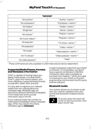 MyFord Touch® (If Equipped) 
"BROWSE" 
"All authors" "Author <name>" 
"All composers" "Composer <name>" 
"All folders" "Folder <name>" 
"All genres" "Genre <name>" 
"All movies"* "Playlist <name>" 
"All music videos"* "Podcast <name>" 
"All playlists" "TV show <name>"* 
"All podcasts" "Video <name>"* 
"All songs" "Video playlist <name>"* 
"All TV shows"* "Video podcast <name>"* 
"All video playlists"* "Help" 
* These commands are only available in USB mode and are device-dependent. 
Supported Media Players, Formats 
and Metadata Information 
SYNC is capable of hosting nearly any 
digital media player, including iPod®, 
Zune™, plays from device players, and 
most USB drives. Supported audio formats 
include MP3, WMA, WAV and AAC. 
It is also able to organize your indexed 
media from your playing device by 
metadata tags. Metadata tags are 
descriptive software identifiers embedded 
in the media files which provide 
information about the file. 
If your indexed media files contain no 
information embedded in these metadata 
tags, SYNC may classify the empty 
metadata tags as Unknown. 
In order to playback video from your iPod® 
or iPhone®, (if compatible), you MUST 
have a special combination USB/RCA 
composite video cable (available for 
purchase from Apple® ). When the cable 
is connected to your iPod® or iPhone®, 
plug the other end into both the RCA jacks 
and the USB port. 
Bluetooth Audio 
Your system allows you to stream audio 
over your vehicle's speakers from your 
connected, Bluetooth-enabled cellular 
phone. 
E142611 
To access, press the lower left 
corner on the touchscreen, then 
select the BT tab. 
373 
 