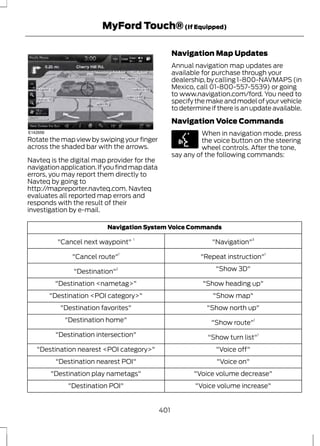 MyFord Touch® (If Equipped) 
E142656 
Rotate the map view by swiping your finger 
across the shaded bar with the arrows. 
Navteq is the digital map provider for the 
navigation application. If you find map data 
errors, you may report them directly to 
Navteq by going to 
http://mapreporter.navteq.com. Navteq 
evaluates all reported map errors and 
responds with the result of their 
investigation by e-mail. 
Navigation Map Updates 
Annual navigation map updates are 
available for purchase through your 
dealership, by calling 1-800-NAVMAPS (in 
Mexico, call 01-800-557-5539) or going 
to www.navigation.com/ford. You need to 
specify the make and model of your vehicle 
to determine if there is an update available. 
Navigation Voice Commands 
E142599 
When in navigation mode, press 
the voice button on the steering 
wheel controls. After the tone, 
say any of the following commands: 
Navigation System Voice Commands 
"Cancel next waypoint" 1 "Navigation"3 
"Cancel route"1 "Repeat instruction"1 
"Destination"2 "Show 3D" 
"Destination <nametag>" "Show heading up" 
"Destination <POI category>" "Show map" 
"Destination favorites" "Show north up" 
"Destination home" "Show route"1 
"Destination intersection" "Show turn list"1 
"Destination nearest <POI category>" "Voice off" 
"Destination nearest POI" "Voice on" 
"Destination play nametags" "Voice volume decrease" 
"Destination POI" "Voice volume increase" 
401 
 