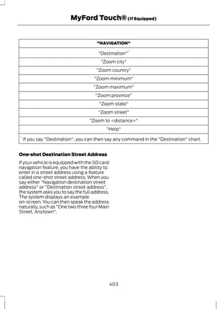 MyFord Touch® (If Equipped) 
"NAVIGATION" 
"Destination"* 
"Zoom city" 
"Zoom country" 
"Zoom minimum" 
"Zoom maximum" 
"Zoom province" 
"Zoom state" 
"Zoom street" 
"Zoom to <distance>" 
"Help" 
* If you say "Destination", you can then say any command in the "Destination" chart. 
One-shot Destination Street Address 
If your vehicle is equipped with the SD card 
navigation feature, you have the ability to 
enter in a street address using a feature 
called one-shot street address. When you 
say either "Navigation destination street 
address" or "Destination street address", 
the system asks you to say the full address. 
The system displays an example 
on-screen. You can then speak the address 
naturally, such as "One two three four Main 
Street, Anytown". 
403 
 
