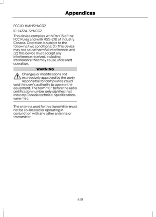 Appendices 
FCC ID: KMHSYNCG2 
IC: 1422A-SYNCG2 
This device complies with Part 15 of the 
FCC Rules and with RSS-210 of Industry 
Canada. Operation is subject to the 
following two conditions: (1) This device 
may not cause harmful interference, and 
(2) this device must accept any 
interference received, including 
interference that may cause undesired 
operation. 
WARNING 
Changes or modifications not 
expressively approved by the party 
responsible for compliance could 
void the user's authority to operate the 
equipment. The term "IC" before the radio 
certification number only signifies that 
Industry Canada technical specifications 
were met. 
The antenna used for this transmitter must 
not be co-located or operating in 
conjunction with any other antenna or 
transmitter. 
419 
 
