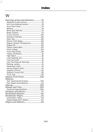 Index 
W 
Warning Lamps and Indicators.................79 
Adaptive Cruise Control.....................................79 
Anti-Lock Braking System.................................79 
Auto Start-stop.....................................................79 
Battery......................................................................79 
Blind Spot Monitor...............................................79 
Brake System.........................................................79 
Cruise Control.......................................................80 
Direction Indicator...............................................80 
Door Ajar.................................................................80 
Electric Park Brake..............................................80 
Engine Coolant Temperature..........................80 
Engine Oil................................................................80 
Fasten Safety Belt...............................................80 
Front Airbag...........................................................80 
Front Fog Lamps..................................................80 
Heads Up Display..................................................81 
High Beam...............................................................81 
Lane Keeping Aid..................................................81 
Low Fuel Level........................................................81 
Low Tire Pressure Warning................................81 
Parking Lamps.......................................................81 
Powertrain Fault....................................................81 
Service Engine Soon............................................81 
Stability Control....................................................82 
Stability Control Off............................................82 
Trunk Ajar................................................................82 
Washer Fluid Check....................................248 
Washers 
See: Cleaning the Exterior..............................255 
See: Wipers and Washers.................................65 
Waxing.............................................................256 
Wheels and Tires.........................................262 
Technical Specifications.................................284 
Windows and Mirrors....................................72 
Windshield Washers.....................................66 
Windshield Wipers........................................65 
Intermittent Wipe................................................65 
Speed Dependent Wipers................................65 
Wipers and Washers.....................................65 
446 
 