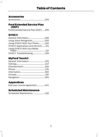 Table of Contents 
Accessories 
Accessories....................................................293 
Ford Extended Service Plan 
(ESP) 
Ford Extended Service Plan (ESP).......295 
SYNC® 
General Information...................................298 
Using Voice Recognition..........................300 
Using SYNC® With Your Phone.............302 
SYNC® Applications and Services........314 
Using SYNC® With Your Media 
Player.............................................................321 
SYNC® Troubleshooting..........................328 
MyFord Touch® 
General Information...................................335 
Settings............................................................347 
Entertainment..............................................356 
Phone...............................................................376 
Information....................................................382 
Climate.............................................................391 
Navigation......................................................395 
Appendices 
End User License Agreement.................404 
Scheduled Maintenance 
Scheduled Maintenance..........................420 
5 
 