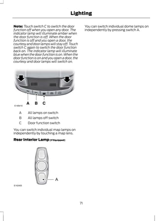 Lighting 
Note: Touch switch C to switch the door 
function off when you open any door. The 
indicator lamp will illuminate amber when 
the door function is off. When the door 
function is off and you open a door, the 
courtesy and door lamps will stay off. Touch 
switch C again to switch the door function 
back on. The indicator lamp will illuminate 
blue when the door function is on. When the 
door function is on and you open a door, the 
courtesy and door lamps will switch on. 
E146410 
A All lamps on switch 
B All lamps off switch 
C Door function switch 
You can switch individual map lamps on 
independently by touching a map lens. 
Rear Interior Lamp (If Equipped) 
A 
E142455 
You can switch individual dome lamps on 
independently by pressing switch A. 
71 
 