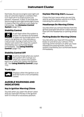 Instrument Cluster 
Normally, the service engine soon light will 
stay on until the engine is cranked, then 
turn itself off if no malfunctions are 
present. However, if after 15 seconds the 
service engine soon light blinks eight times, 
it means that the vehicle is not ready for 
I/M testing. See Emission Control 
System (page 154). 
Stability Control 
E138639 
It will flash when the system is 
active. If it remains illuminated 
or does not illuminate when you 
switch the ignition on, this indicates a 
malfunction. During a malfunction the 
system will switch off. Have the system 
checked by your authorized dealer 
immediately. See Using Stability 
Control (page 173). 
Stability Control Off 
It will illuminate when you switch 
the system off. It will go out 
when you switch the system 
back on or when you switch the ignition 
off. See Using Stability Control (page 
173). 
Trunk Ajar 
E146189 
Displays when the ignition is on 
and the trunk is not completely 
closed. 
AUDIBLE WARNINGS AND 
INDICATORS 
Key in Ignition Warning Chime 
Sounds when you open the driver's door 
and you have left the key in the ignition 
with it in the off or accessory position. 
Keyless Warning Alert (If Equipped) 
Chirps the horn twice when you exit the 
vehicle and the keyless vehicle is in RUN, 
indicating the vehicle is still on. 
Headlamps On Warning Chime 
Sounds when you remove the key from the 
ignition and open the driver's door and you 
have left the headlamps or parking lamps 
on. 
Parking Brake On Warning Chime 
Sounds when you have left the parking 
brake on and drive your vehicle. If the 
warning chime remains on after you have 
released the parking brake, have the 
system checked by your authorized dealer 
immediately. 
82 
 