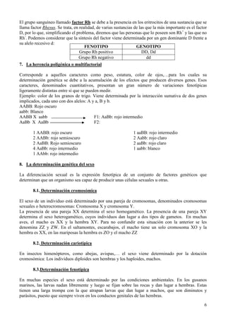 6
El grupo sanguíneo llamado factor Rh se debe a la presencia en los eritrocitos de una sustancia que se
llama factor Rhesus. Se trata, en realidad, de varias sustancias de las que la más importante es el factor
D, por lo que, simplificando el problema, diremos que las personas que lo poseen son Rh+
y las que no
Rh-
. Podemos considerar que la síntesis del factor viene determinada por un gen dominante D frente a
su alelo recesivo d:
7. La herencia poligénica o multifactorial
Corresponde a aquellos caracteres como peso, estatura, color de ojos,…para los cuales su
determinación genética se debe a la acumulación de los efectos que producen diversos genes. Esos
caracteres, denominados cuantitativos, presentan un gran número de variaciones fenotípicas
ligeramente distintas entre sí que se pueden medir.
Ejemplo: color de los granos de trigo. Viene determinada por la interacción sumativa de dos genes
implicados, cada uno con dos alelos: A y a, B y b.
AABB: Rojo oscuro
aabb: Blanco
AABB X aabb F1: AaBb: rojo intermedio
AaBb X AaBb F2:
1 AABB: rojo oscuro
2 AABb: rojo semioscuro
2 AaBB: Rojo semioscuro
4 AaBb: rojo intermedio
1 AAbb: rojo intermedio
1 aaBB: rojo intermedio
2 Aabb: rojo claro
2 aaBb: rojo claro
1 aabb: blanco
8. La determinación genética del sexo
La diferenciación sexual es la expresión fenotípica de un conjunto de factores genéticos que
determinan que un organismo sea capaz de producir unas células sexuales u otras.
8.1. Determinación cromosómica
El sexo de un individuo está determinado por una pareja de cromosomas, denominados cromosomas
sexuales o heterocromosomas: Cromosoma X y cromosoma Y.
La presencia de una pareja XX determina el sexo homogamético. La presencia de una pareja XY
determina el sexo heterogamético, cuyos individuos dan lugar a dos tipos de gametos. En muchas
aves, el macho es XX y la hembra XY. Para no confundir esta situación con la anterior se les
denomina ZZ y ZW. En el saltamontes, escarabajos, el macho tiene un solo cromosoma XO y la
hembra es XX, en las mariposas la hembra es ZO y el macho ZZ
8.2. Determinación cariotípica
En insectos himenópteros, como abejas, avispas,… el sexo viene determinado por la dotación
cromosómica: Los individuos diploides son hembras y los haploides, machos.
8.3.Determinación fenotípica
En muchas especies el sexo está determinado por las condiciones ambientales. En los gusanos
marinos, las larvas nadan libremente y luego se fijan sobre las rocas y dan lugar a hembras. Estas
tienen una larga trompa con la que atrapan larvas que dan lugar a machos, que son diminutos y
parásitos, puesto que siempre viven en los conductos genitales de las hembras.
FENOTIPO GENOTIPO
Grupo Rh positivo DD, Dd
Grupo Rh negativo dd
 