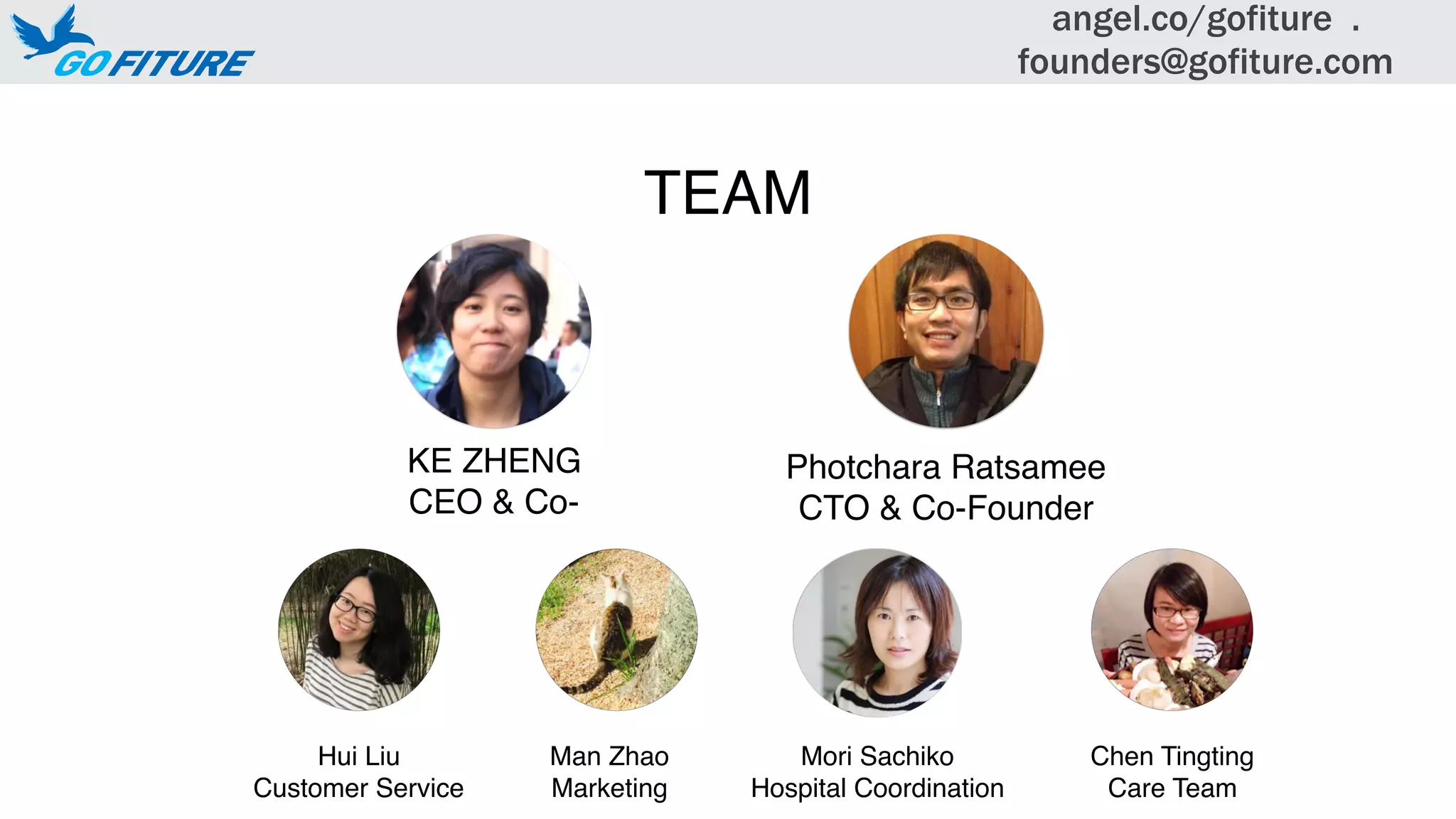 KE ZHENG
CEO & Co-
Photchara Ratsamee
CTO & Co-Founder
TEAM
Man Zhao
Marketing
Hui Liu
Customer Service
Mori Sachiko
Hospital Coordination
Chen Tingting
Care Team
angel.co/gofiture .
founders@gofiture.com