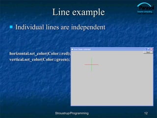 Line example Individual lines are independent horizontal.set_color(Color::red); vertical.set_color(Color::green); Stroustrup/Programming 