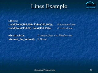 Lines Example Lines x; x.add(Point(100,100), Point(200,100)); //  horizontal line x.add(Point(150,50), Point(150,150)); //  vertical line win.attach(x); //  attach Lines x to Window win win.wait_for_button(); //  Draw! Stroustrup/Programming 