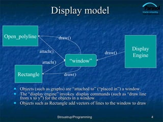 Display model Objects (such as graphs) are “attached to” (“placed in”) a window. The “display engine” invokes  display commands (such as “draw line from x to y”) for the objects in a window Objects such as Rectangle add vectors of lines to the window to draw Open_polyline Rectangle “ window” Display Engine attach() attach() draw() draw() draw() Stroustrup/Programming 