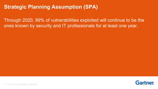 24 © 2017 Gartner, Inc. and/or its affiliates. All rights reserved.
Through 2020, 99% of vulnerabilities exploited will continue to be the
ones known by security and IT professionals for at least one year.
Strategic Planning Assumption (SPA)
 