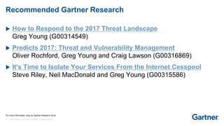 40 © 2017 Gartner, Inc. and/or its affiliates. All rights reserved.
Recommended Gartner Research
 How to Respond to the 2017 Threat Landscape
Greg Young (G00314549)
 Predicts 2017: Threat and Vulnerability Management
Oliver Rochford, Greg Young and Craig Lawson (G00316869)
 It's Time to Isolate Your Services From the Internet Cesspool
Steve Riley, Neil MacDonald and Greg Young (G00315586)
For more information, stop by Gartner Research Zone.
 