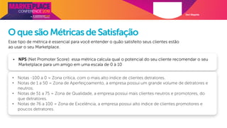 Davi Magalde
OquesãoMétricasdeSatisfação
Esse tipo de métrica é essencial para você entender o quão satisfeito seus clientes estão
ao usar o seu Marketplace.
• NPS (Net Promoter Score): essa métrica calcula qual o potencial do seu cliente recomendar o seu
Marketplace para um amigo em uma escala de 0 à 10
• Notas -100 a 0 = Zona crítica, com o mais alto índice de clientes detratores.
• Notas de 1 a 50 = Zona de Aperfeiçoamento, a empresa possui um grande volume de detratores e
neutros.
• Notas de 51 a 75 = Zona de Qualidade, a empresa possui mais clientes neutros e promotores, do
que detratores.
• Notas de 76 a 100 = Zona de Excelência, a empresa possui alto índice de clientes promotores e
poucos detratores.
 