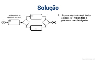 Solução
mauriciobitencourt.com
1.  Separar regras de negócio das
aplicações – visibilidade e
processos mais inteligentes
Decisão antes do
desvio no processo
 