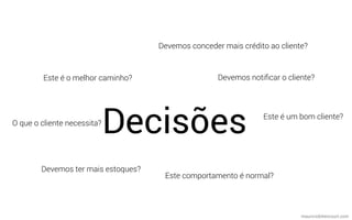 mauriciobitencourt.com
Decisões
Este é o melhor caminho?
Este é um bom cliente?
Devemos notiﬁcar o cliente?
Este comportamento é normal?
Devemos ter mais estoques?
O que o cliente necessita?
Devemos conceder mais crédito ao cliente?
 