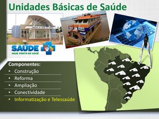Componentes:
• Construção
• Reforma
• Ampliação
• Conectividade
• Informatização e Telessaúde
Unidades Básicas de Saúde
 
