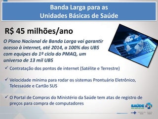 R$ 45 milhões/ano
O Plano Nacional de Banda Larga vai garantir
acesso à internet, até 2014, a 100% das UBS
com equipes do 1º ciclo do PMAQ, um
universo de 13 mil UBS
 Contratação dos pontos de internet (Satélite e Terrestre)
 Velocidade mínima para rodar os sistemas Prontuário Eletrônico,
Telessaúde e Cartão SUS
 O Portal de Compras do Ministério da Saúde tem atas de registro de
preços para compra de computadores
Banda Larga para as
Unidades Básicas de Saúde
 