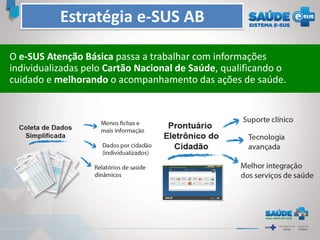 O e-SUS Atenção Básica passa a trabalhar com informações
individualizadas pelo Cartão Nacional de Saúde, qualificando o
cuidado e melhorando o acompanhamento das ações de saúde.
Estratégia e-SUS AB
 